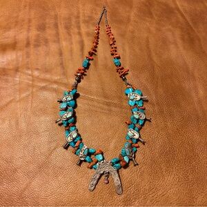 Turquoise and Coral Squash Blossom Necklace